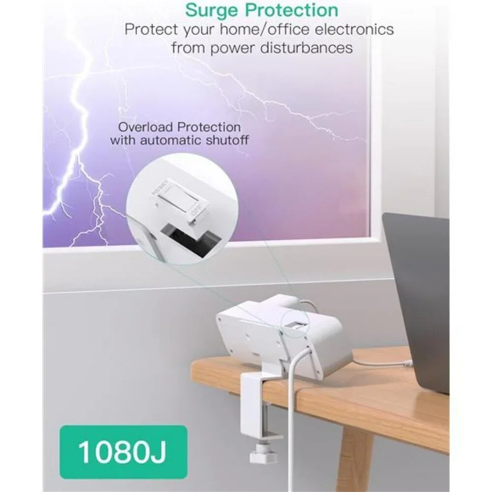 Desk clamp power strip surge protector with USB C fast charging station 5ft cord